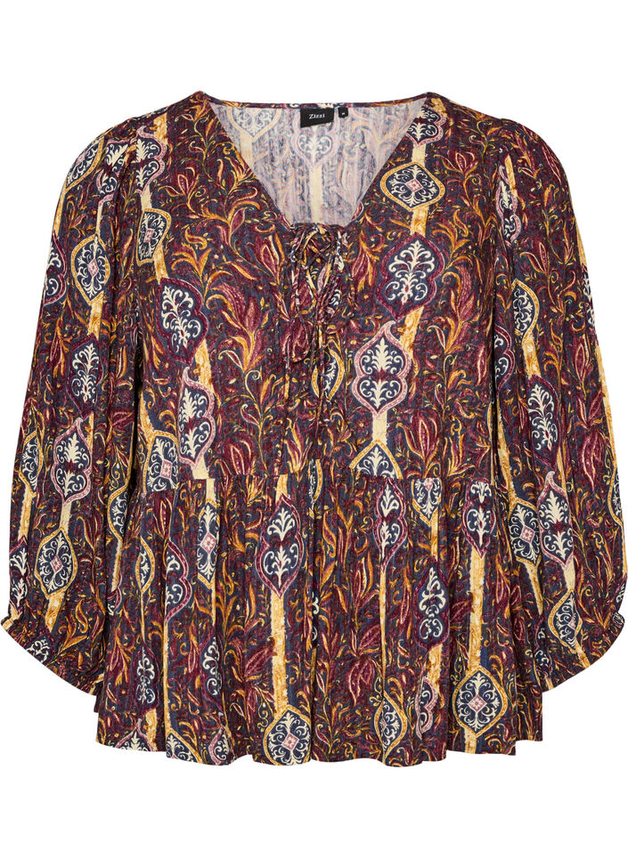 Bluzka z nadrukiem w stylu paisley i koronkowym detalem, Fioletowy, Packshot image number 0