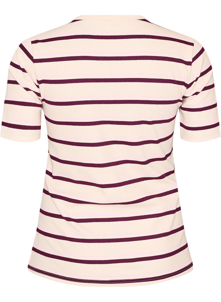Koszulka typu T-shirt z zeberka z paskami i ozdobnym guzikiem, Fioletowy, Packshot image number 1