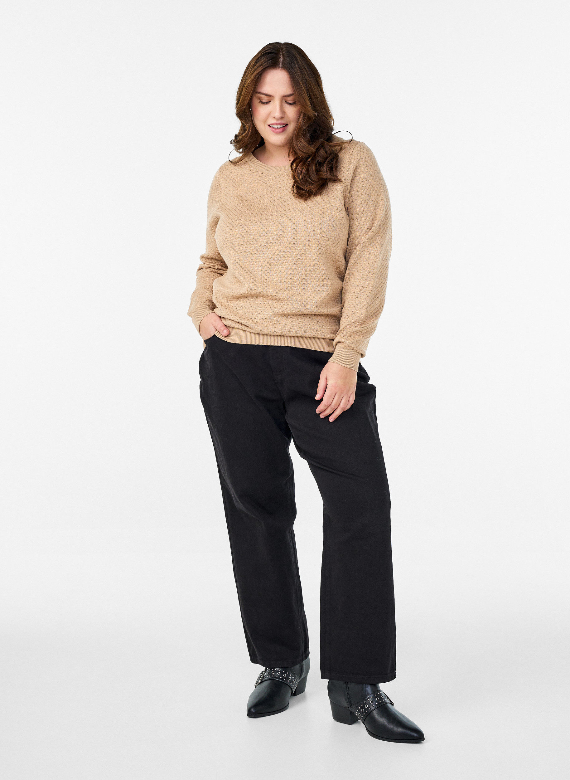 Zizzi Bluzka dzianinowa z bawelny z fakturowanym wzorem, Beżowy, Model image number 1