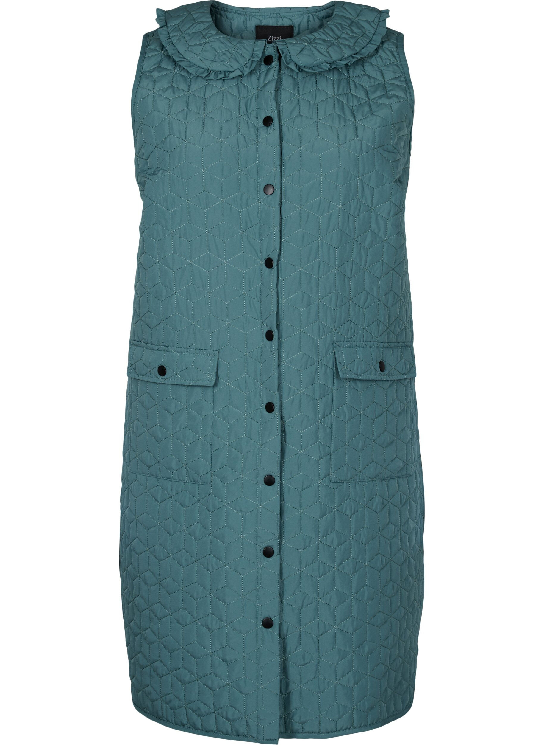 Zizzi Long quilted vest with collar and frills, Sagebrush Green, Packshot image number 0