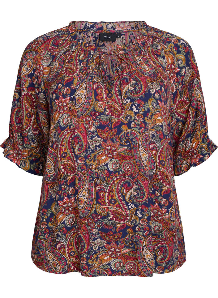 Wiskozowa bluzka z motywem paisley i rekawami do lokcia, Niebieskie, Packshot image number 0