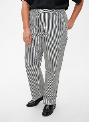  Jeansowe bojówki w paski o prostym kroju, Black White Stripe, Model image number 2