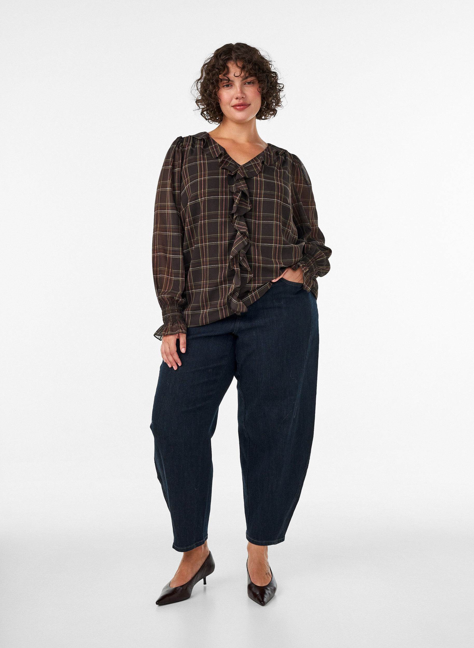 ZizziBluzka z kratka i falbankami, Zielony, Model image number 1