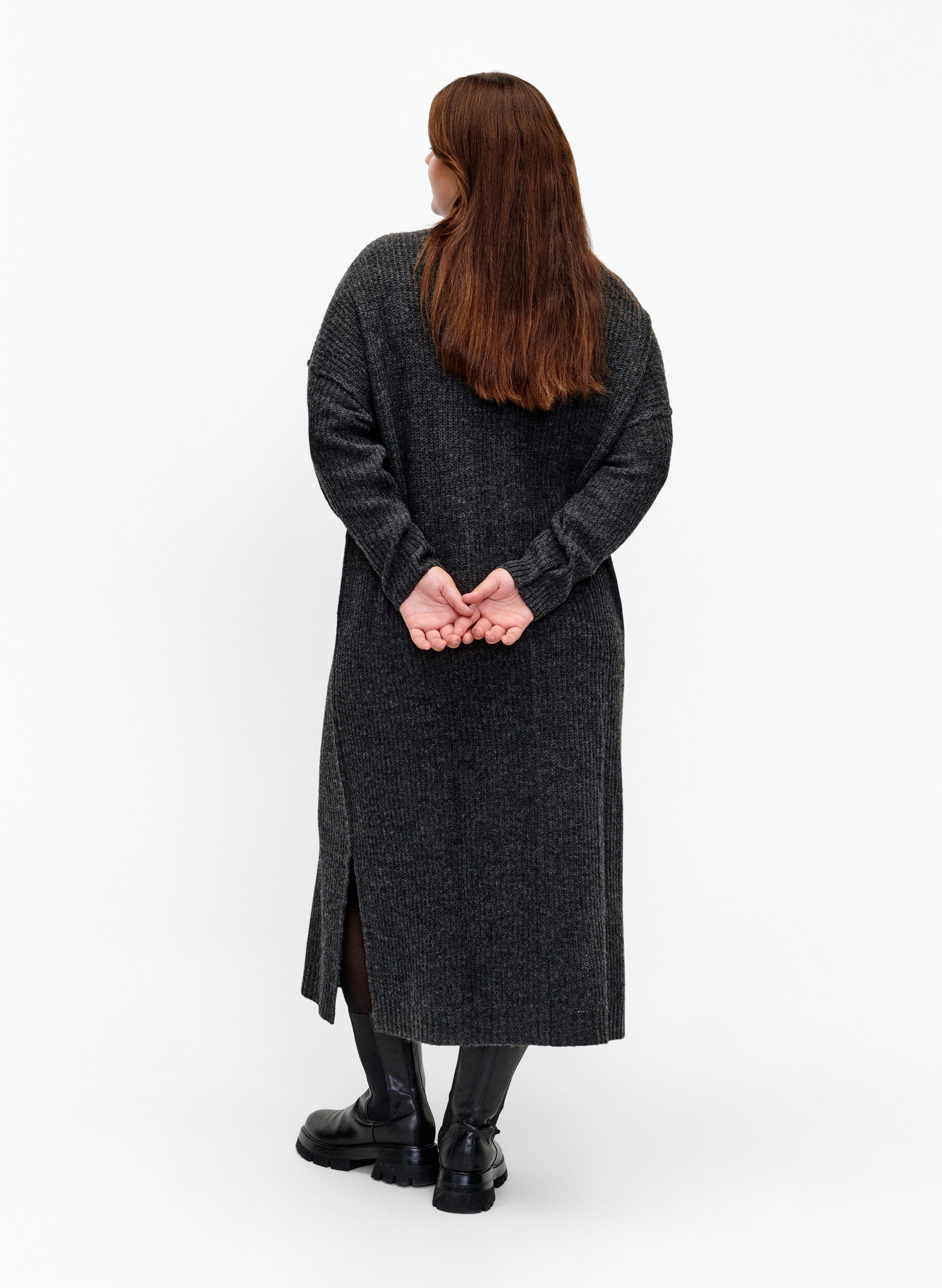 ZizziDluga dzianinowa sukienka z rozcieciem, Ciemnoszary, Model image number 1