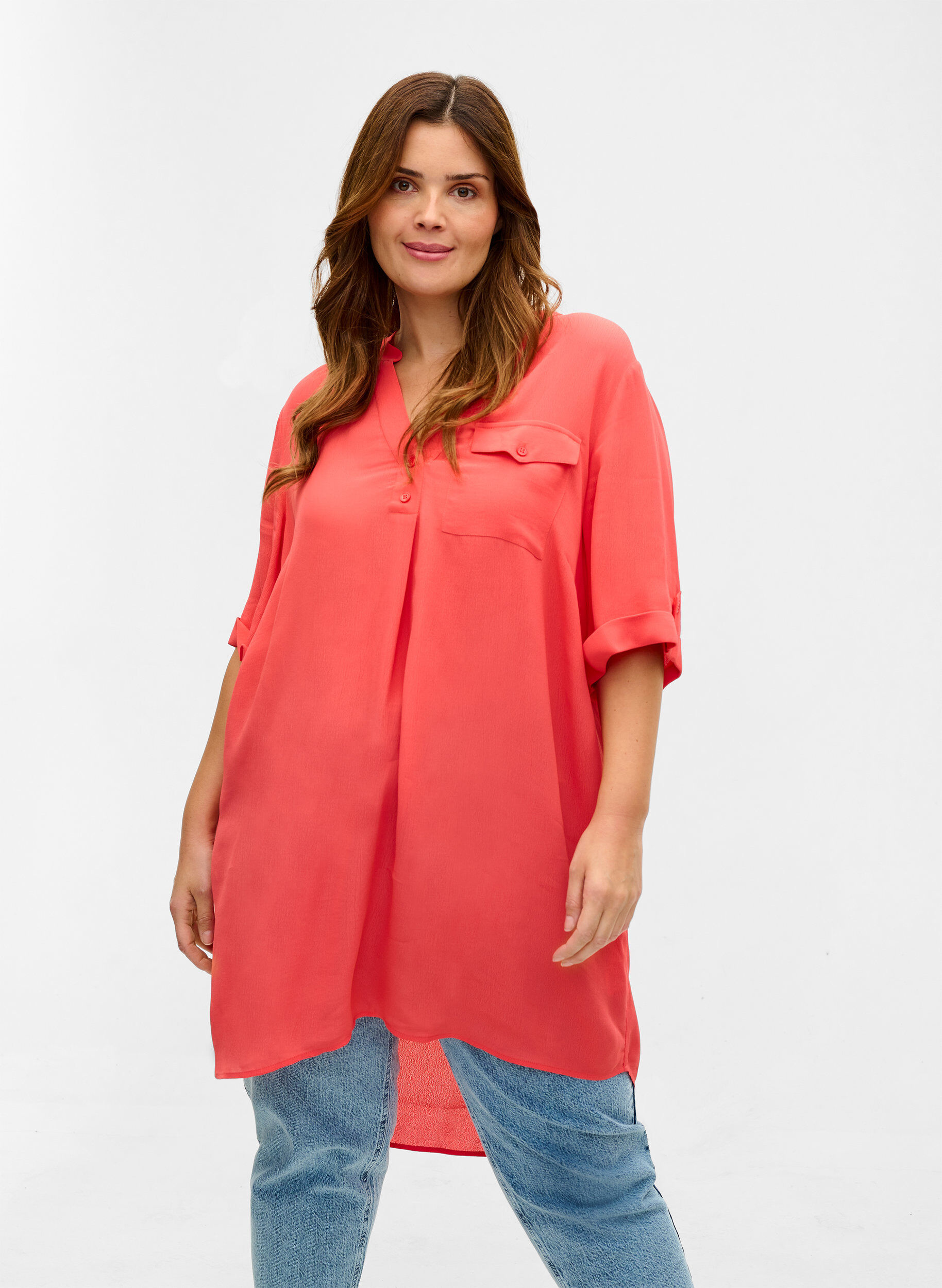 Zizzi Viscose tunic with short sleeves, Hot Coral, Model image number 0