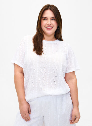 Bluzka z krótkim rekawem i teksturowanym wzorem, Bright White, Model image number 0