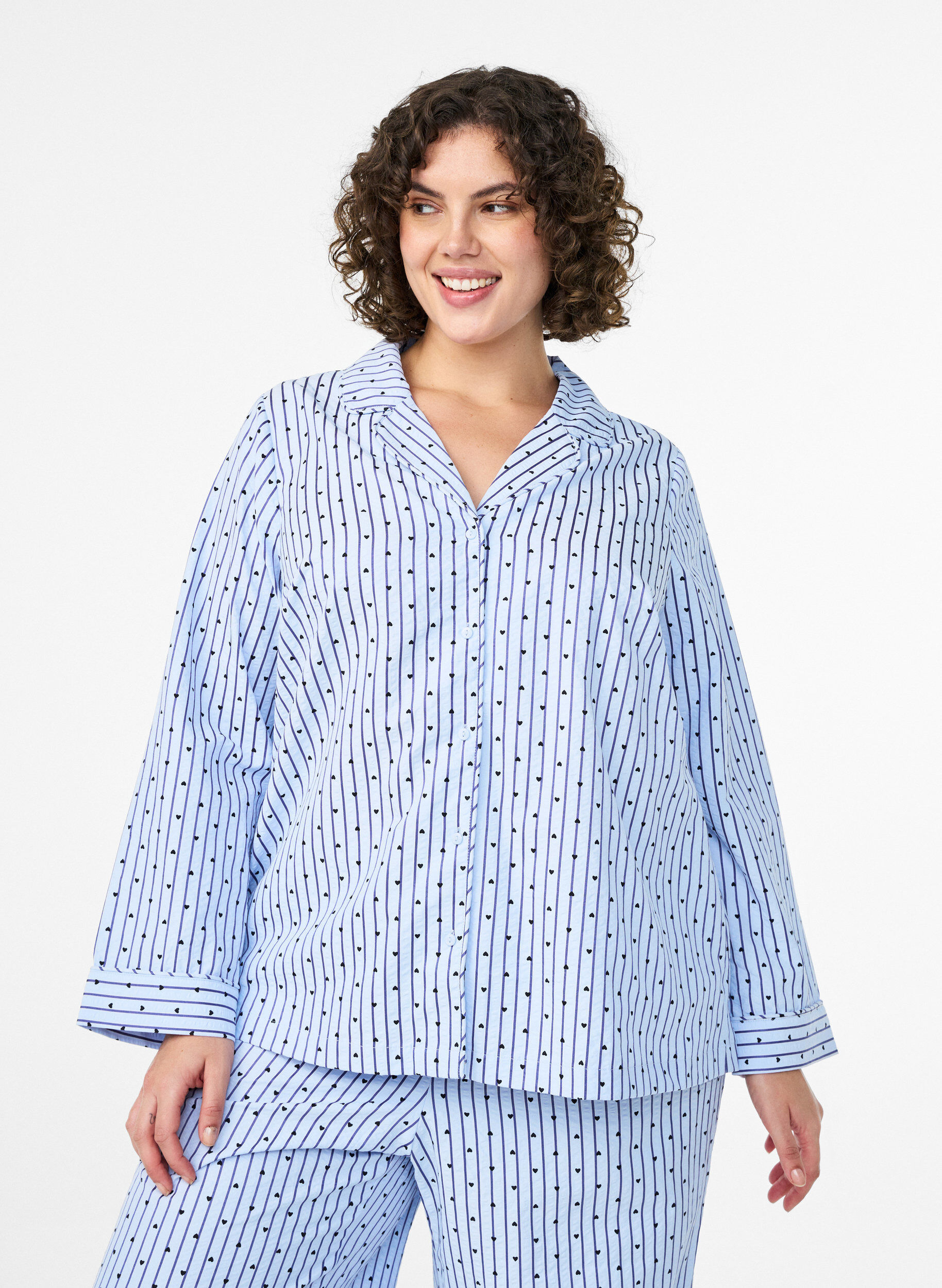 Seersucker pyjama koszula z dlugim rekawem, Niebieskie, Model