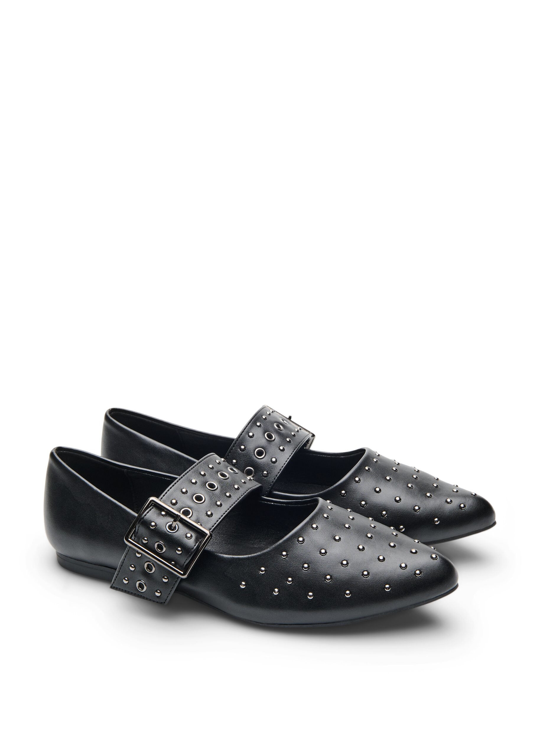 Zizzi Szerokie - Baleriny ze szpicem, klamra i cwiekami, Czarne, Packshot image number 1