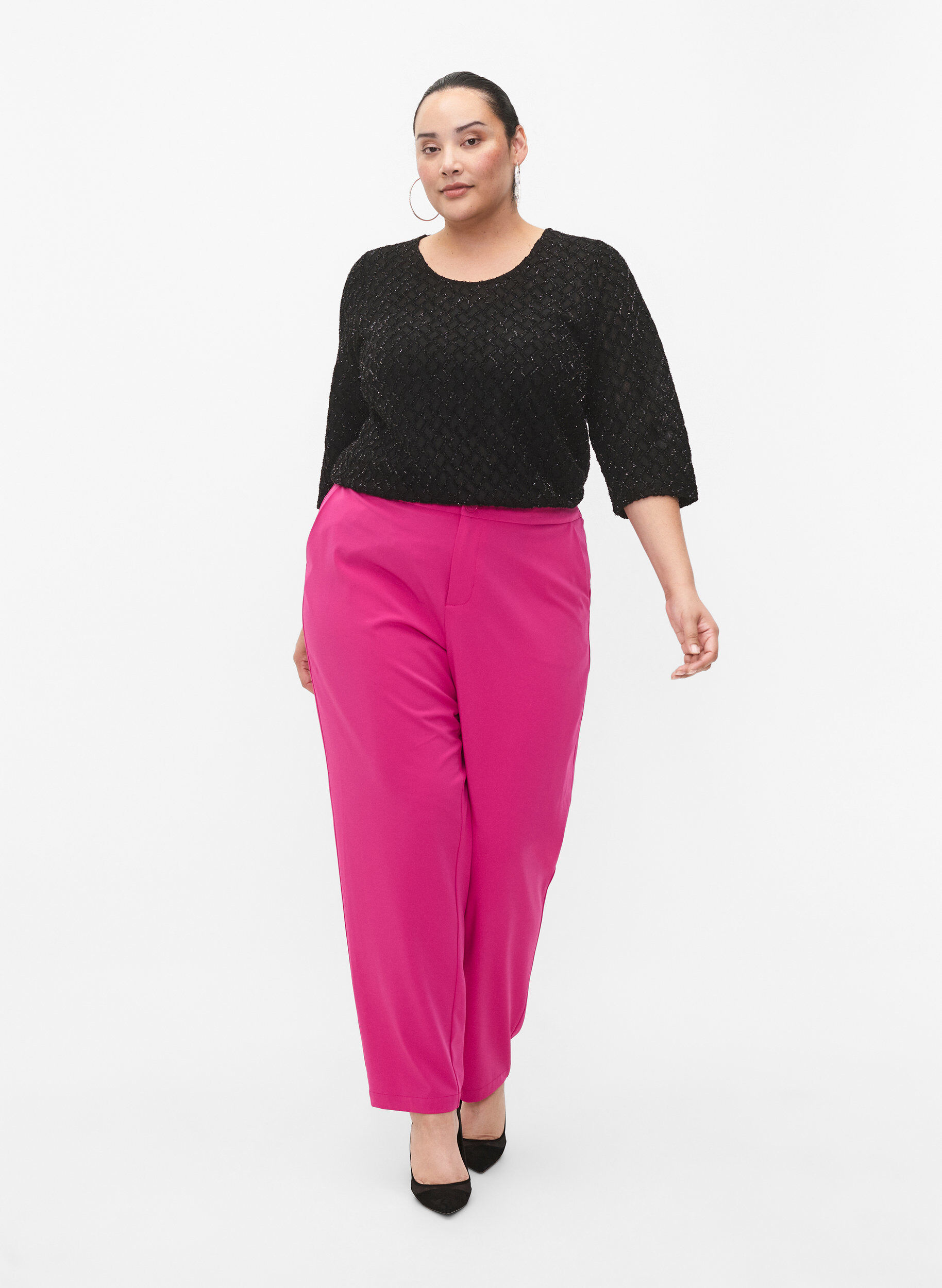 Zizzi Wzorzysta bluzka z rekawami 3/4 i brokatem, Black, Model image number 2