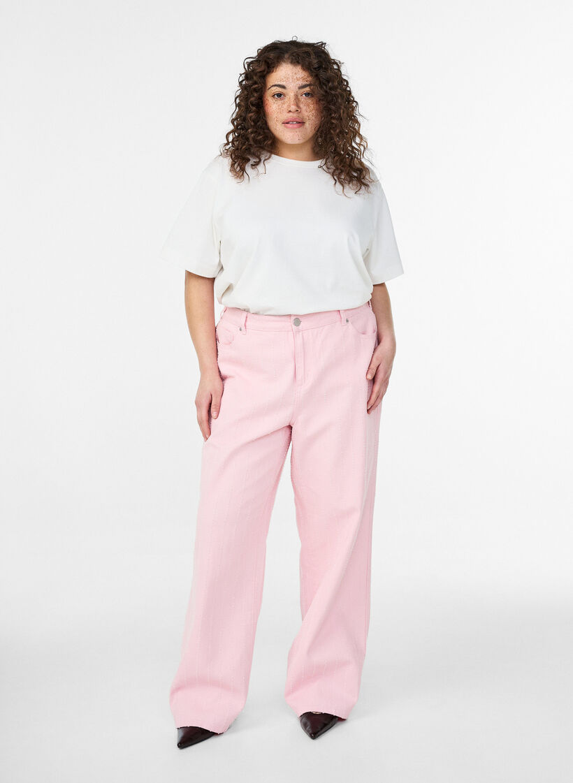 Jeansy Myra z kolorowego denimu, o szerokim kroju i fakturowanym wzorze, R&oacute;żowy, Model image number 0