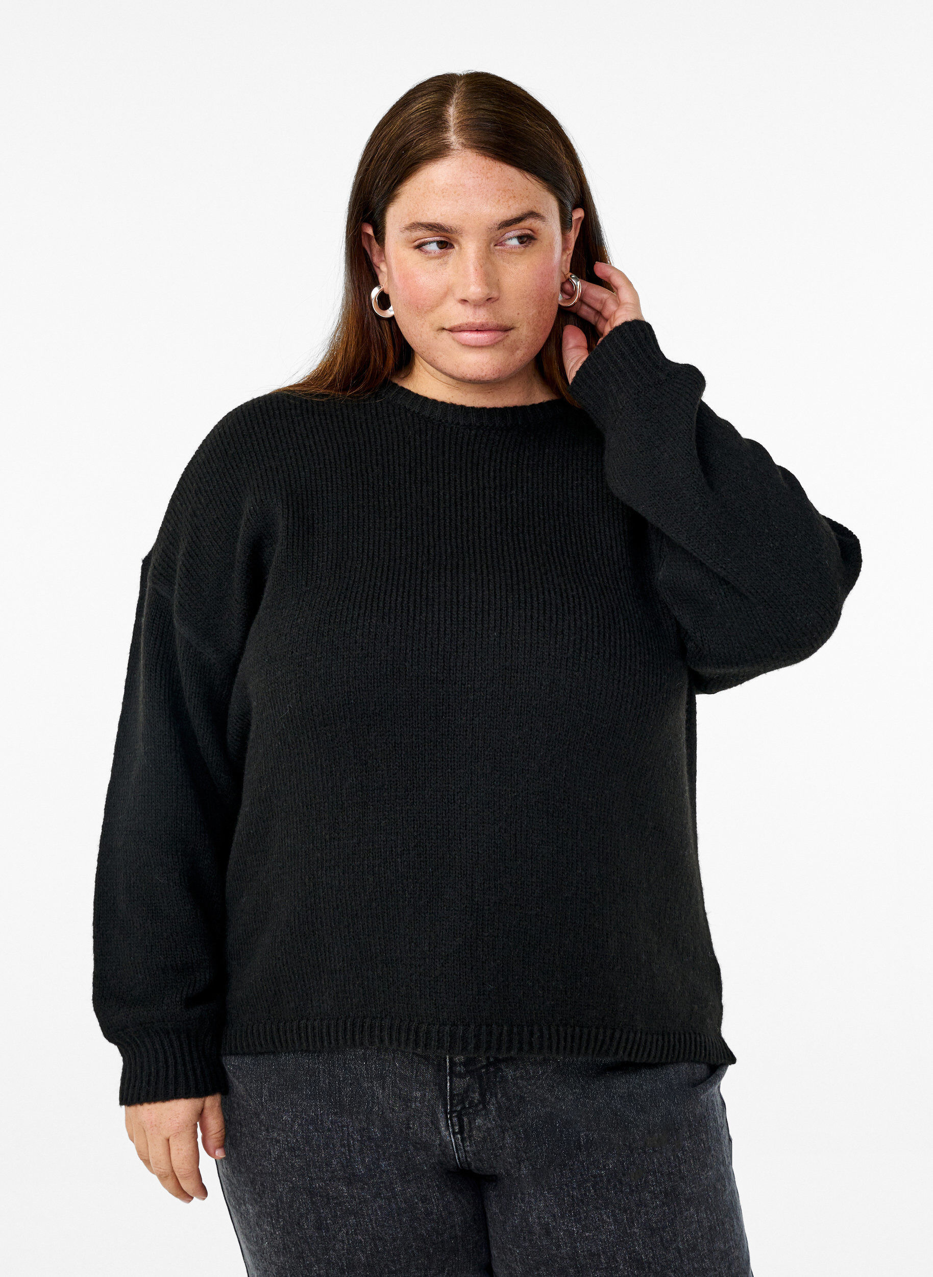 Zizzi Dzianinowy sweter z dodatkiem welny, z dlugim rekawem i okraglym dekoltem, Black Solid, Model image number 0
