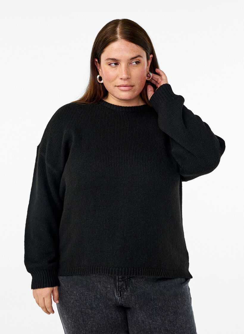 Dzianinowy sweter z dodatkiem welny, z dlugim rekawem i okraglym dekoltem, Black Solid, Model image number 0