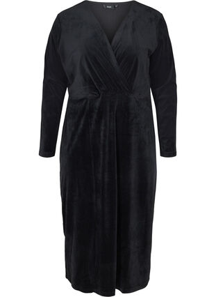 Long-sleeved velour midi dress, Black, Packshot image number 0