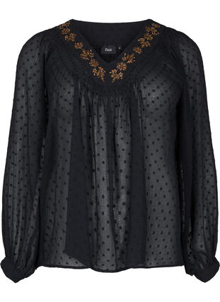 Bluzka w kropki z dekoltem w szpic i perlami, Black w. Cobber, Packshot image number 0