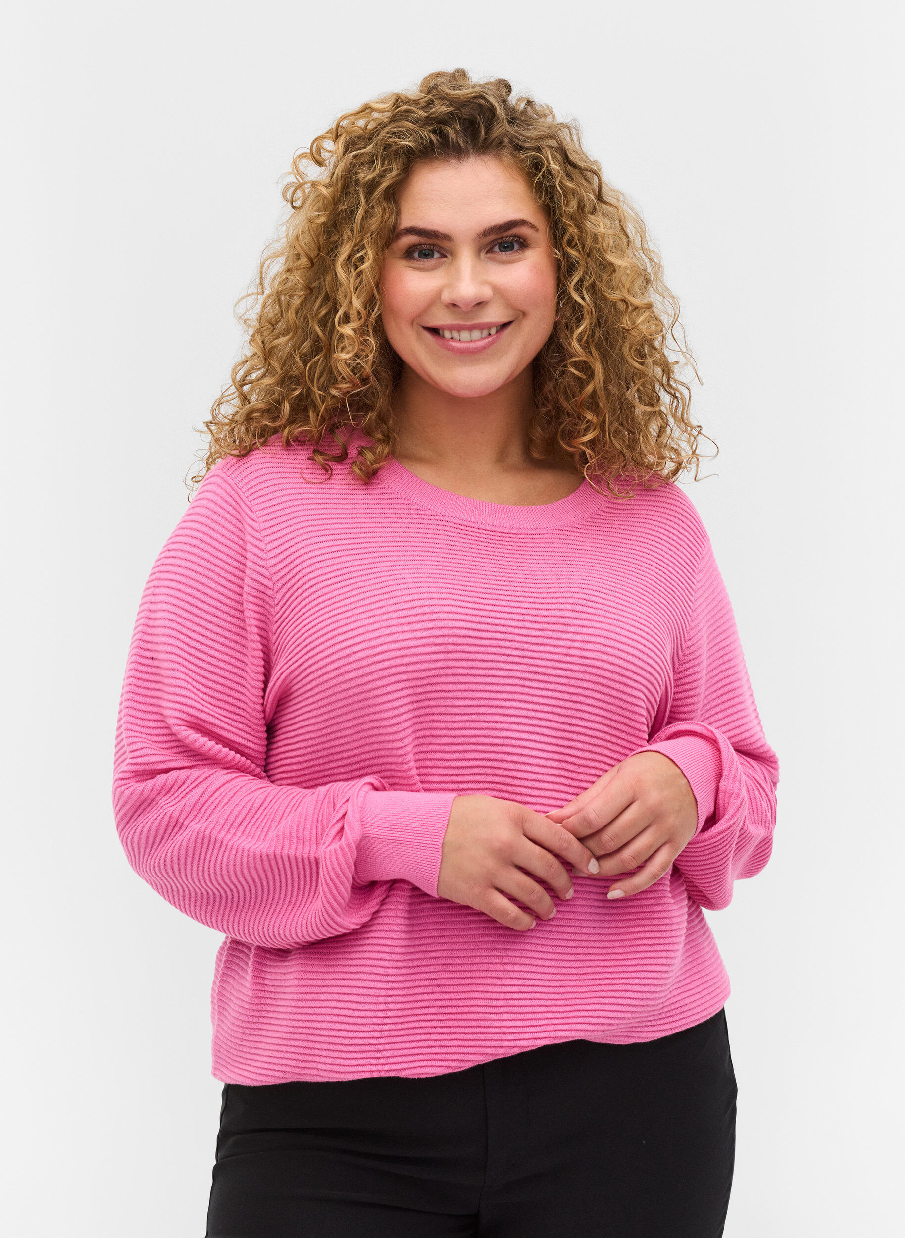 Zizzi Long-sleeved knitted blouse in organic cotton, Wild Orchid, Model image number 0