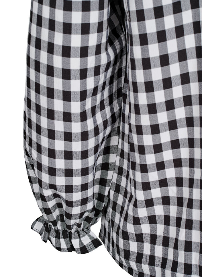 Bluzka koszulowa w krate z falbankami, Black/W. Gingham, Packshot image number 3
