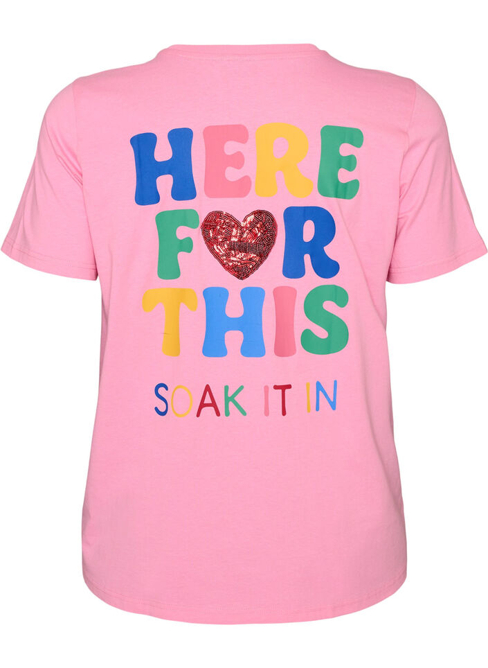 T-shirt z cekinowym serduszkiem i kolorowym nadrukiem na plecach, R&oacute;żowy, Packshot image number 1