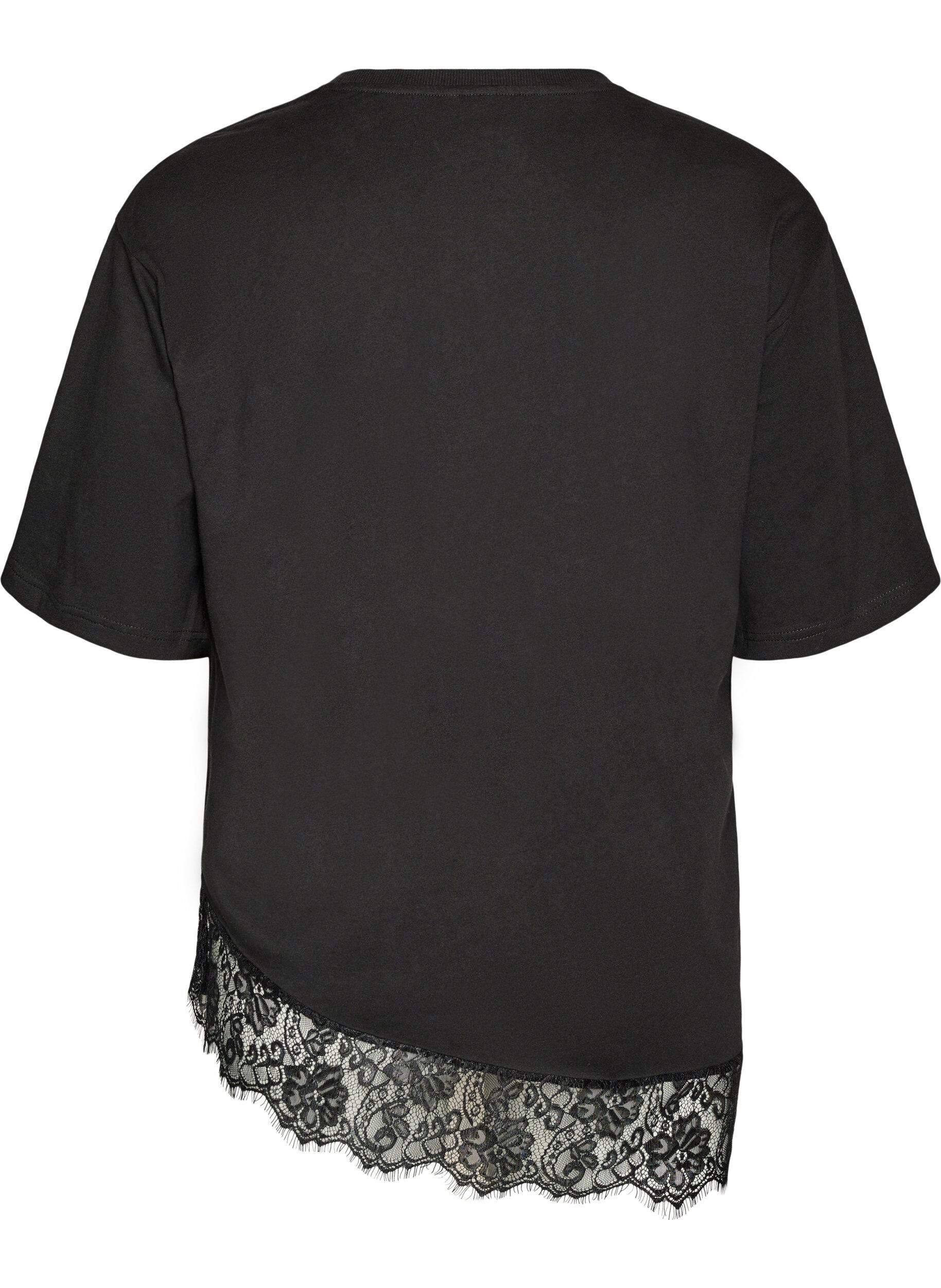 ZizziT-shirt z asymetrycznym koronkowym wykonczeniem, Czarne, Packshot image number 1