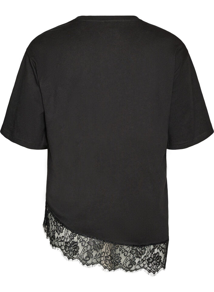 T-shirt z asymetrycznym koronkowym wykonczeniem, Czarne, Packshot image number 1