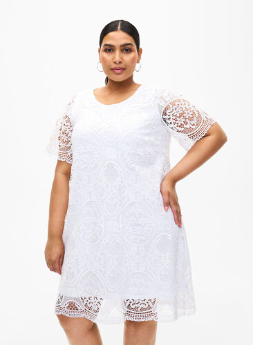 Koronkowa, imprezowa sukienka z krótkimi rekawami, Bright White, Model image number 0