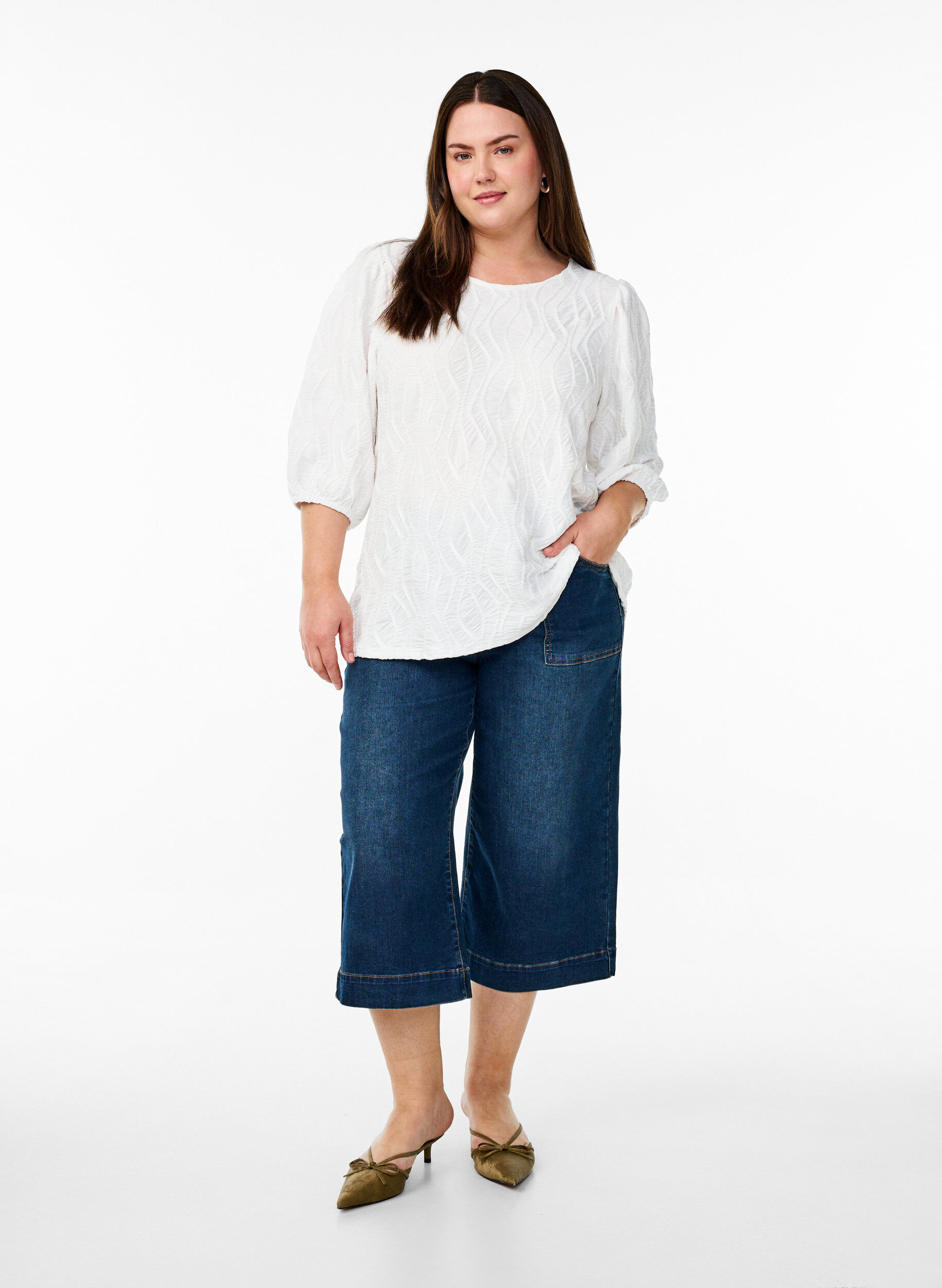 Zizzi Bluzka z faktura i rekawami 3/4, Biały, Model image number 1