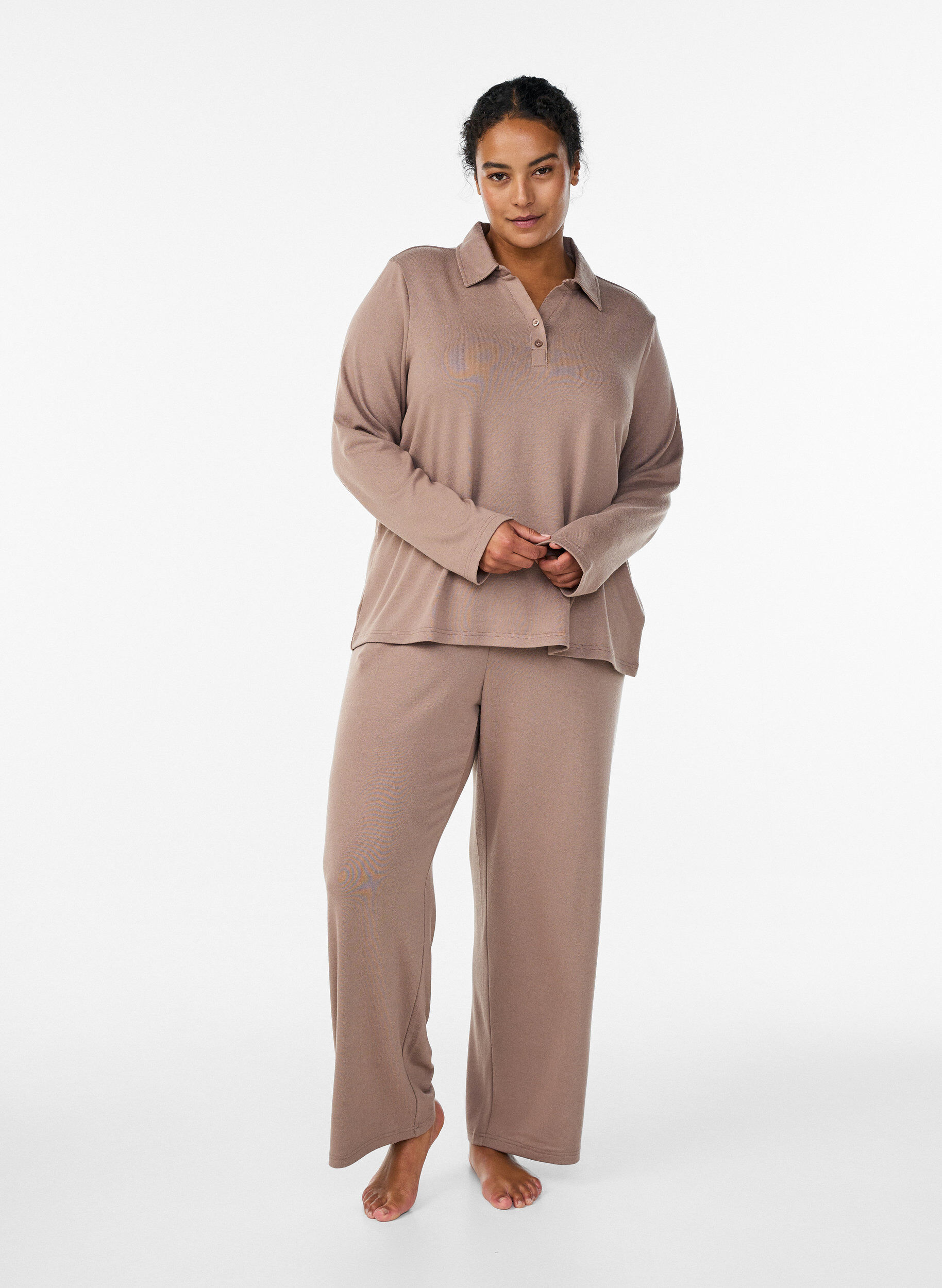 Zizzi Bluzka z dlugim rekawem i kolnierzykiem, Brązowy, Model image number 1