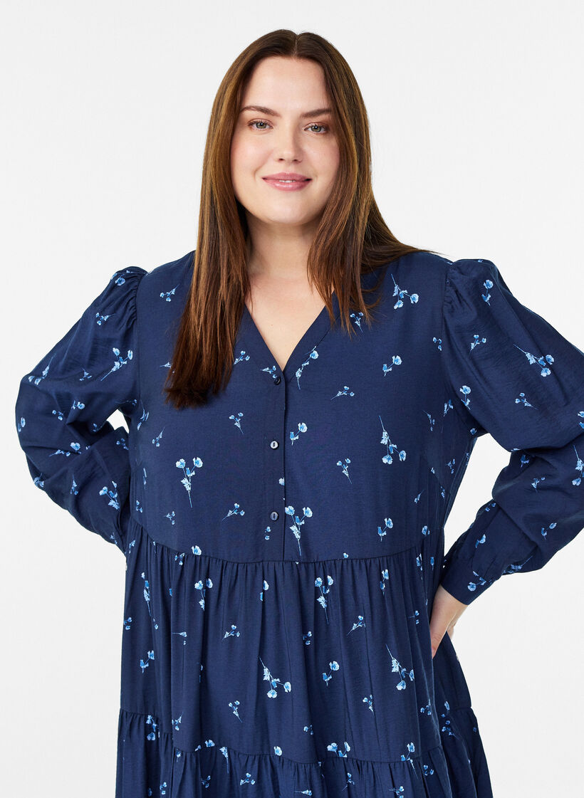 Sukienka midi z dekoltem w ksztalcie litery V i krojem A, Niebieskie, Model image number 2