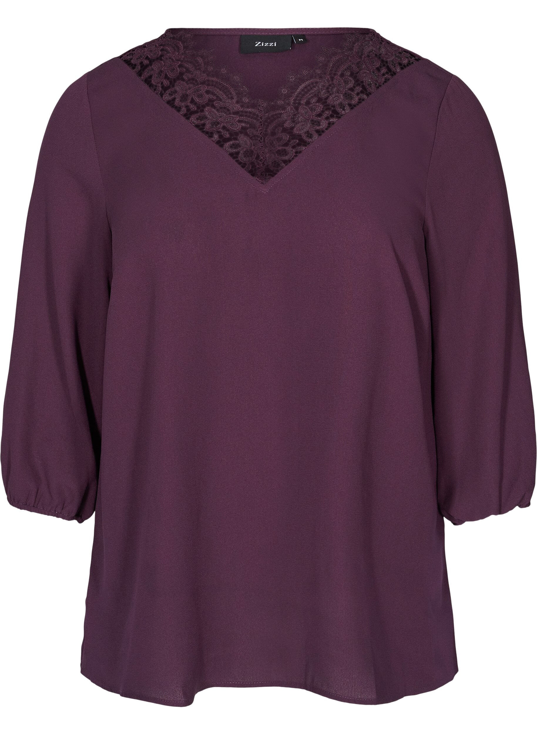 Zizzi Solid-coloured 3/4 sleeve blouse with lace, Plum Perfect, Packshot image number 0