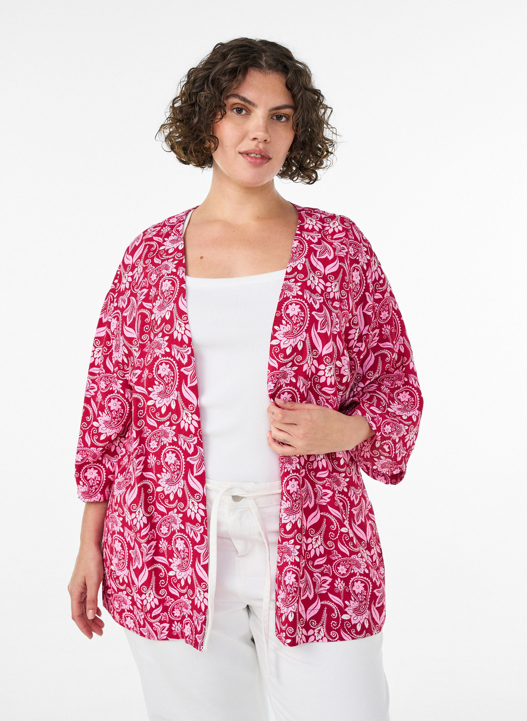 ZizziKr&oacute;tkie kimono z wiskozy z rekawami 3/4, R&oacute;żowy, Model image number 0