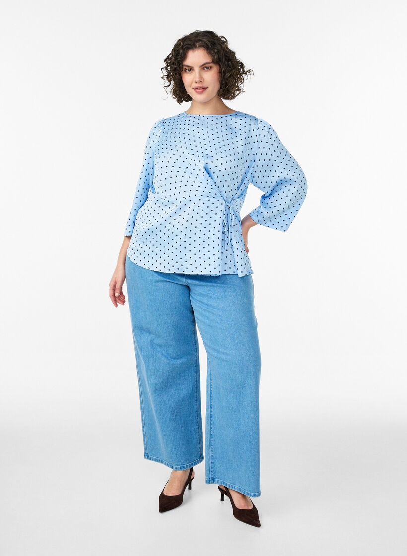 Bluzka Polka dot z wiazaniami i 3/4-sleeves, Niebieskie, Model image number 1