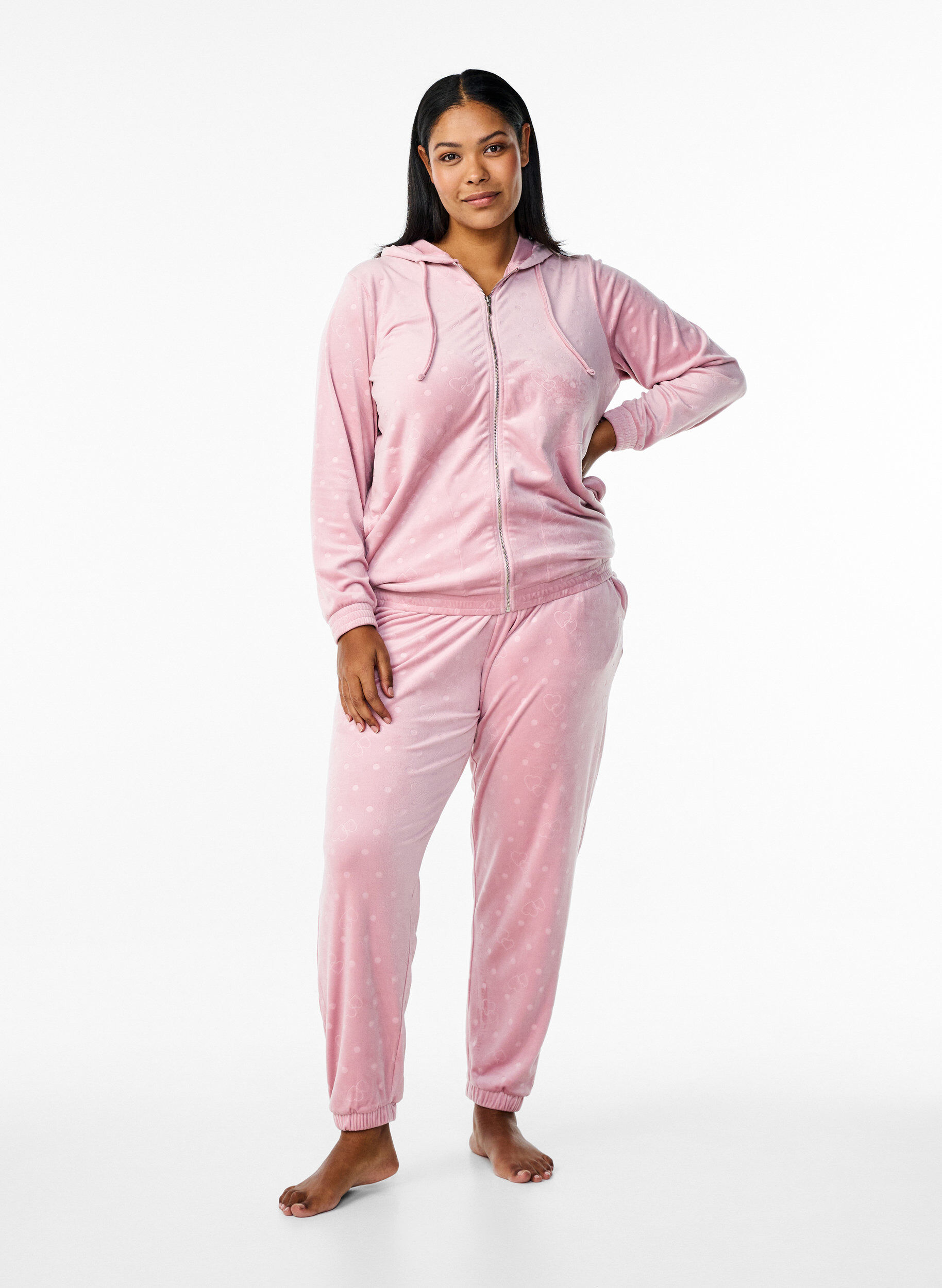 Zizzi Welurowy kardigan z kapturem i kieszeniami, R&oacute;żowy, Model image number 1