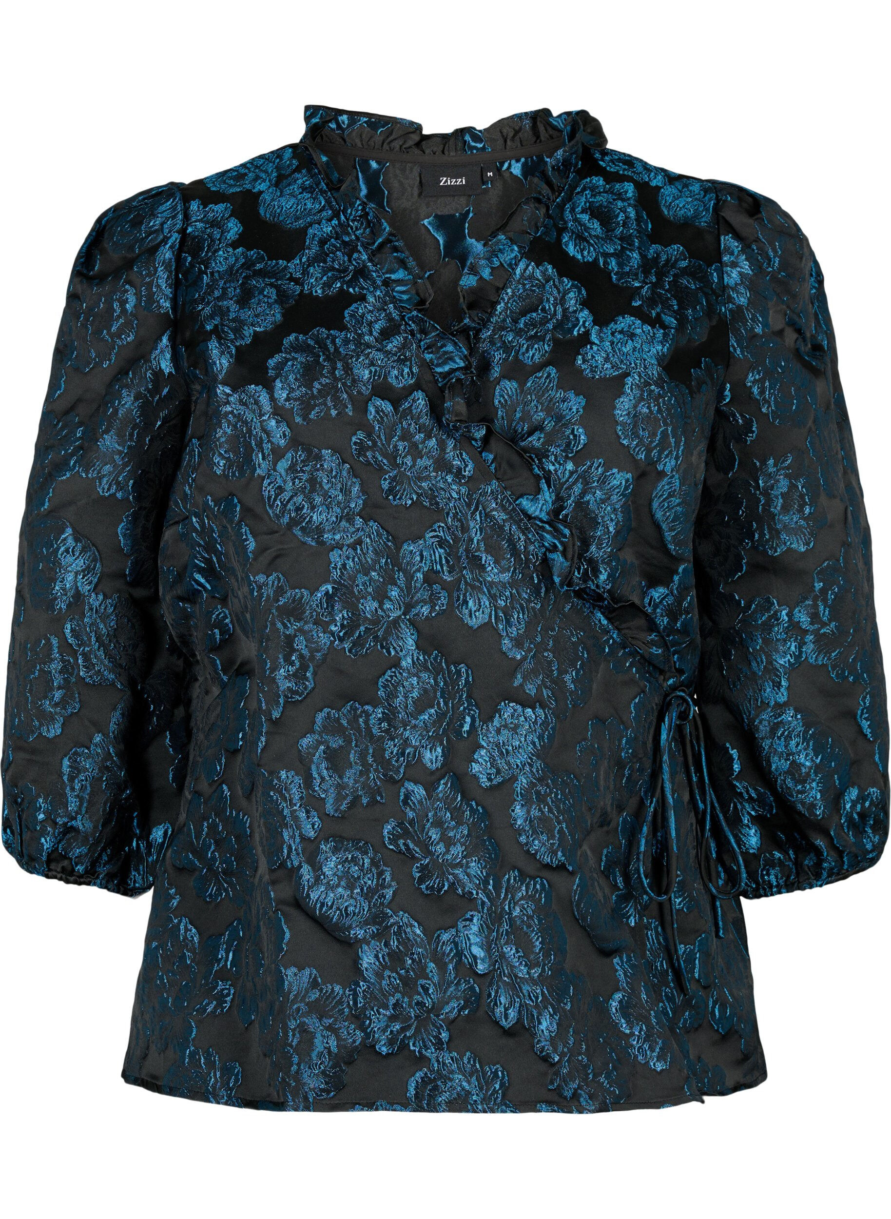 Zizzi Zakardowa kopertowa bluzka z rekawem 3/4, Black Blue, Packshot image number 0