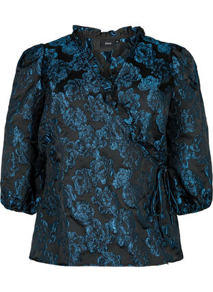 Zakardowa kopertowa bluzka z rekawem 3/4, Black Blue, Packshot image number 0