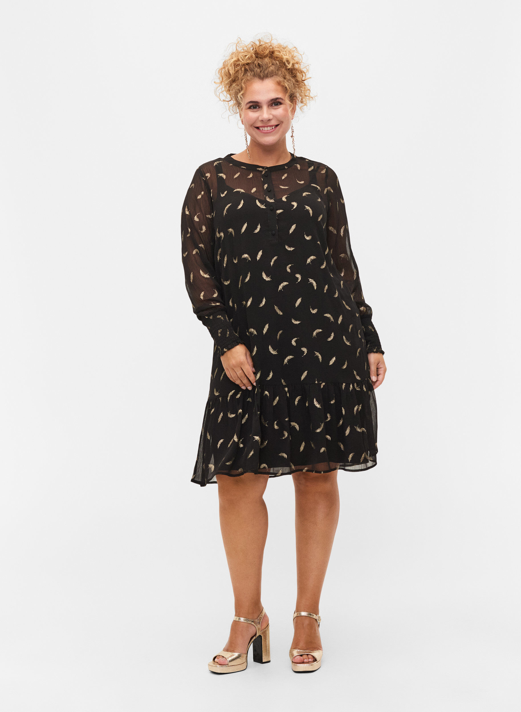 Zizzi Dress with a-shape and smock, Black, Model image number 2