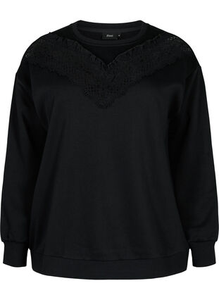 Bluza z falbanami i szydelkowymi detalami, Black, Packshot image number 0