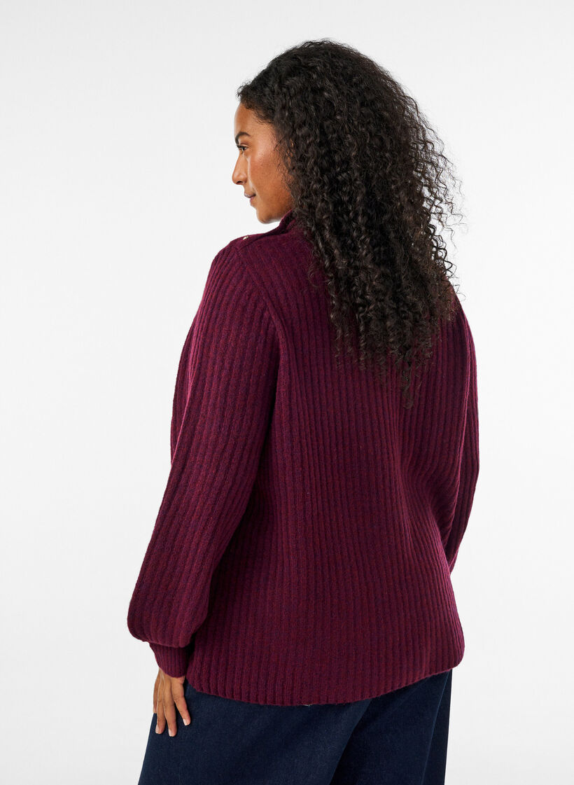 Prazkowany sweter z bufiastymi rekawami i guzikami, Ciemnobordowy, Model image number 2