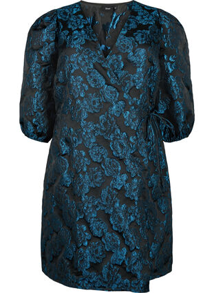 Zakardowa kopertowa sukienka z rekawem 3/4, Black Blue, Packshot image number 0