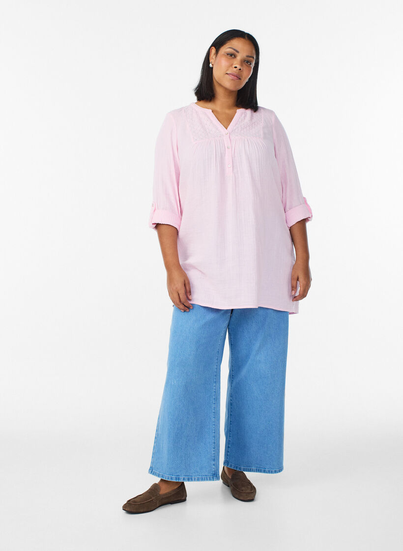 Tunika z bawelnianej, muslinowej tkaniny z haftem angielskim, R&oacute;żowy, Model image number 1