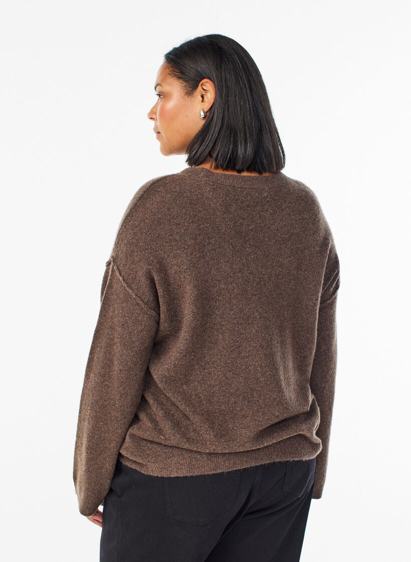 Luzny dzianinowy sweter z widocznymi szwami, Brązowy, Model image number 2