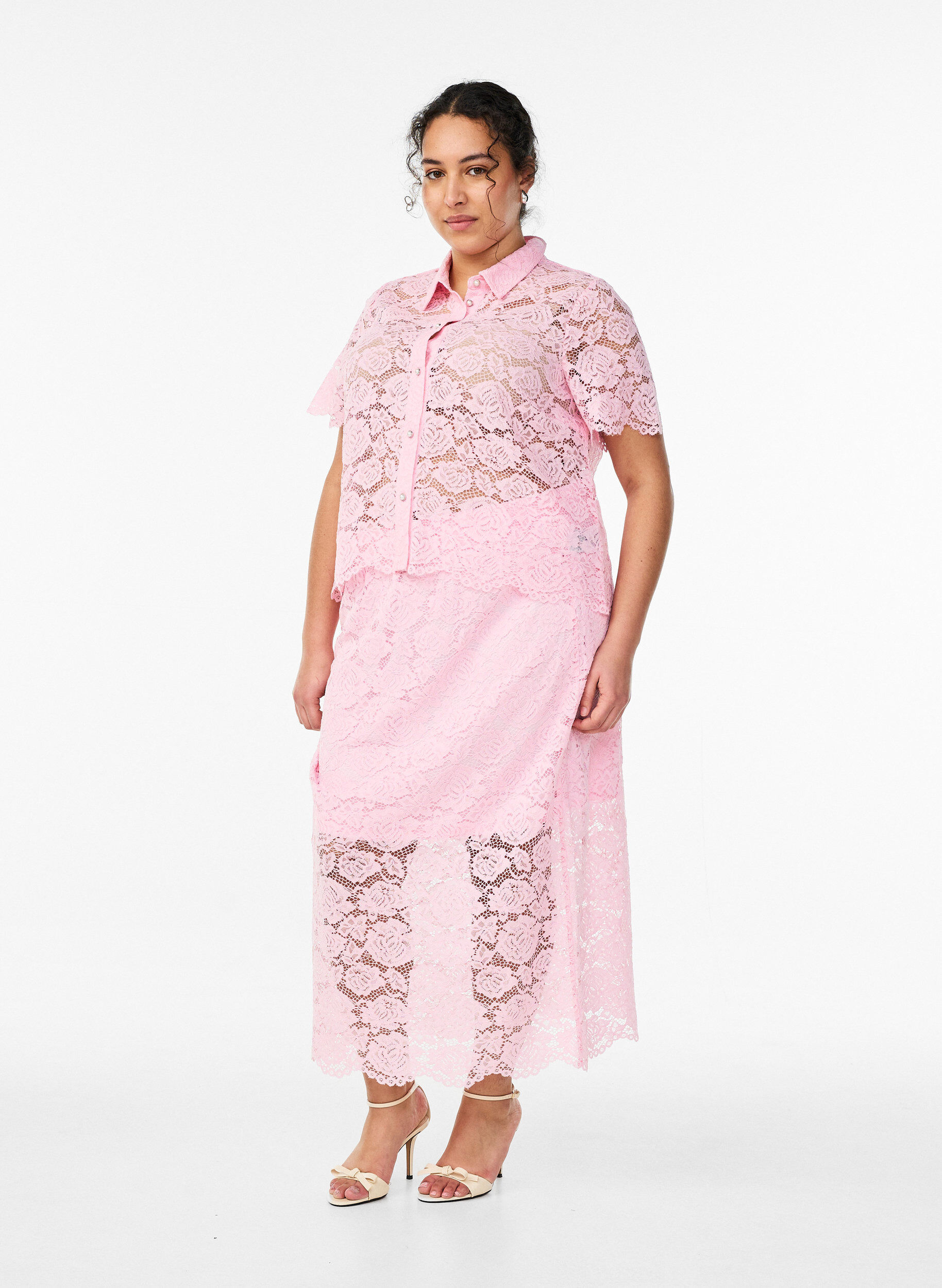 Spodniczka midi z koronki z elastyczna talia, R&oacute;żowy, Model