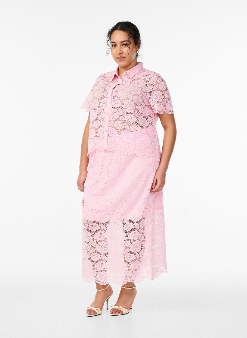 Spodniczka midi z koronki z elastyczna talia, R&oacute;żowy, Model image number 0