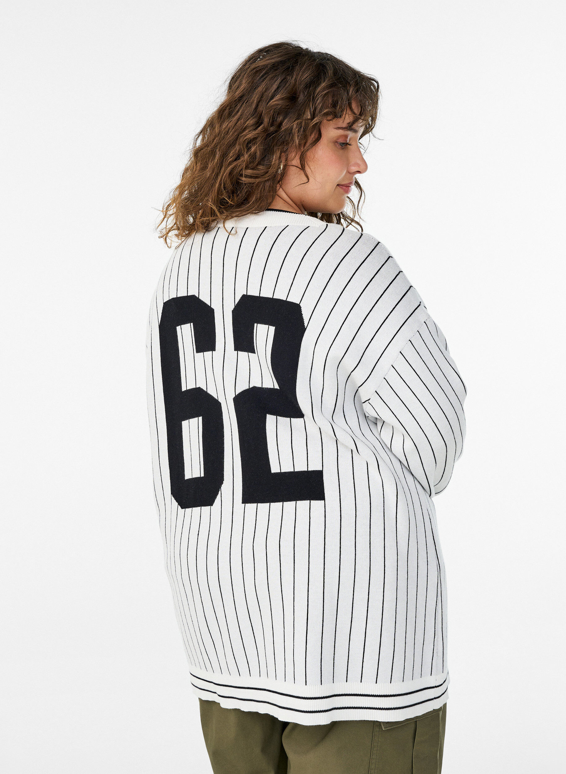 Zizzi Kardigan z dzianiny z paskami i motywem na plecach, Biały, Model image number 2