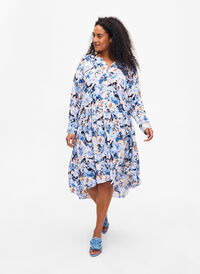 Wzorzysta wiskozowa sukienka midi z dlugim rekawem, Blue Graphic AOP, Model