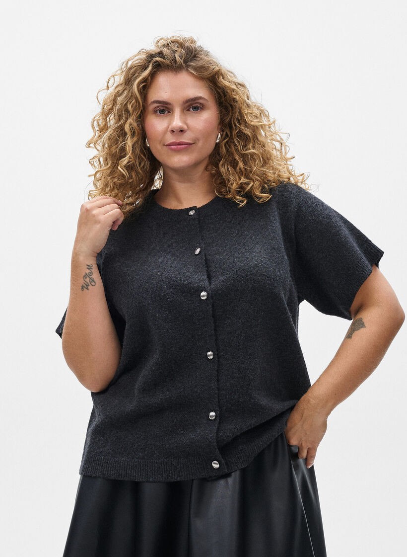 Dzianinowy kardigan z kr&oacute;tkim rekawem, Ciemnoszary, Model image number 0