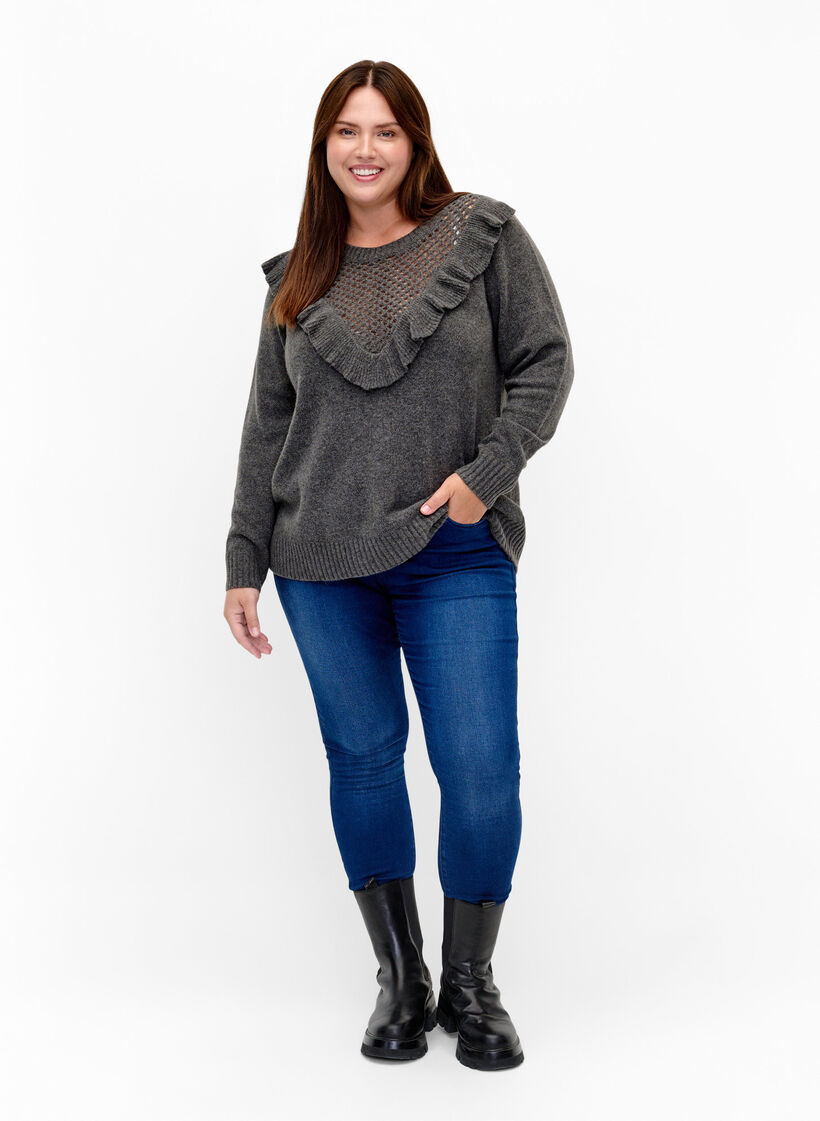 Welniany sweter z dzianiny z falbana, Dark Grey Melange, Model image number 2