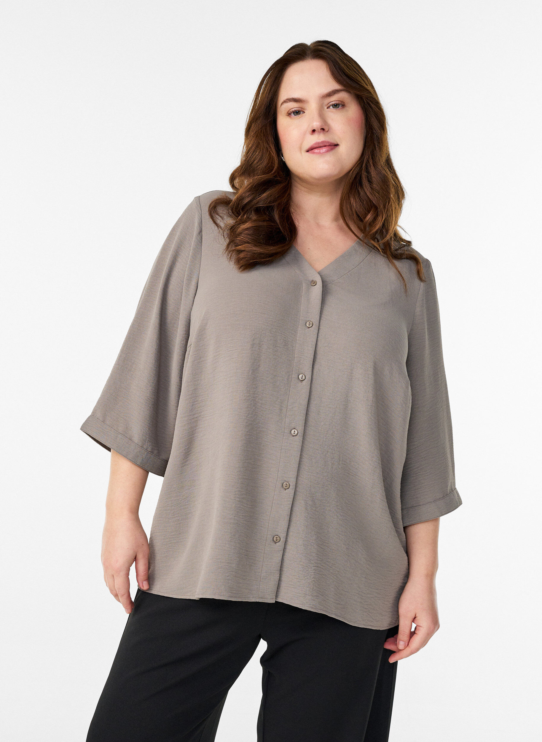 Zizzi Shirt blouse with V-neck and 3/4 sleeves, Beige, Model image number 0
