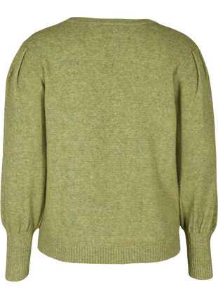 Melanzowy sweter z dzianiny z bufiastymi rekawami, Green Olive Mel., Packshot image number 1