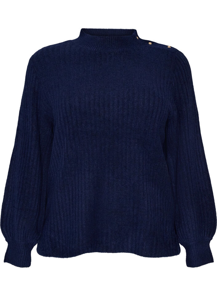Prazkowany sweter z bufiastymi rekawami i guzikami, Niebieskie, Packshot image number 0