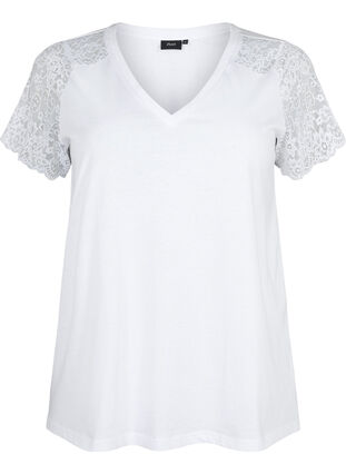 Bawelniany t-shirt z krótkimi, koronkowymi rekawami, Bright White, Packshot image number 0