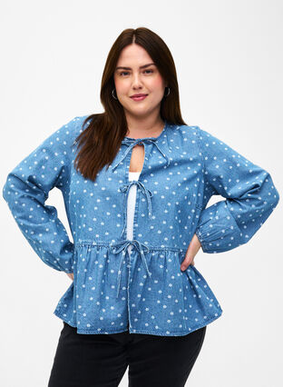 Dzinsowa bluzka z baskinka i wiazaniem, Light Blue w.Flowers, Model image number 0